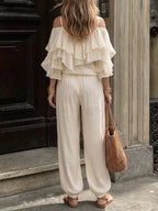 Pants Set Off Shoulder Ruffle Layer Top Elastic Waist Loose Jogger Pants For Women Beach Vacation Daily Leisure Travel Matching Outfit - Matrix-studios.com