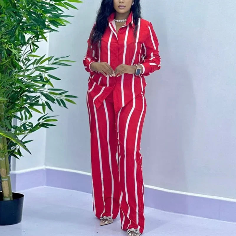African Fashion Stripe Two Piece Set Women Spring Autumn Casual Button Long Sleeved Shirt Wide Leg Pants Two Piece Set Women - Matrix-studios.com