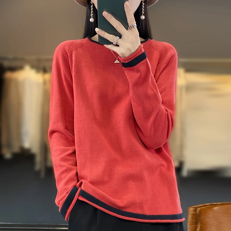 100% Cotton Knitwear Women's Round Neck Sweater Spring And Summer New Loose Color Matching Cotton And Linen Bottoming Shirt - Matrix Studios