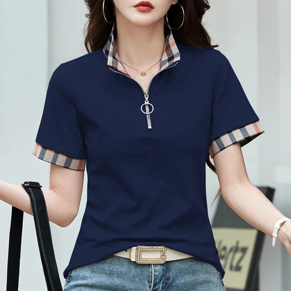 European Station Polo Collar Checkered Short sleeved T-shirt Women's Summer New Fashion Light Luxury Loose Pure Cotton Top - Matrix-studios.com
