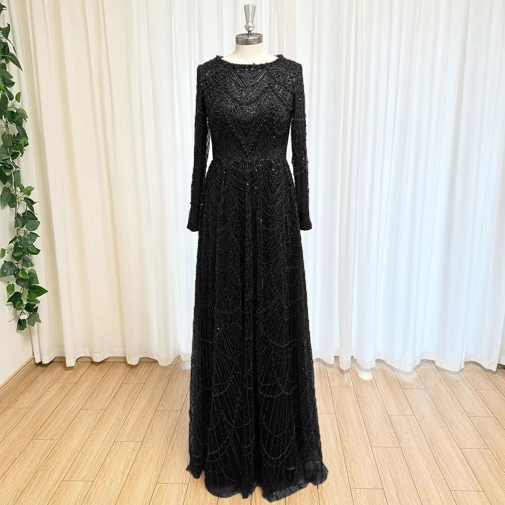 Mina Customized Beads Luxurious Women's Evening Dresses for Formal Occasions Sequins. Long Sleeves Round Neck Luxury Party Dress - Matrix-studios.com