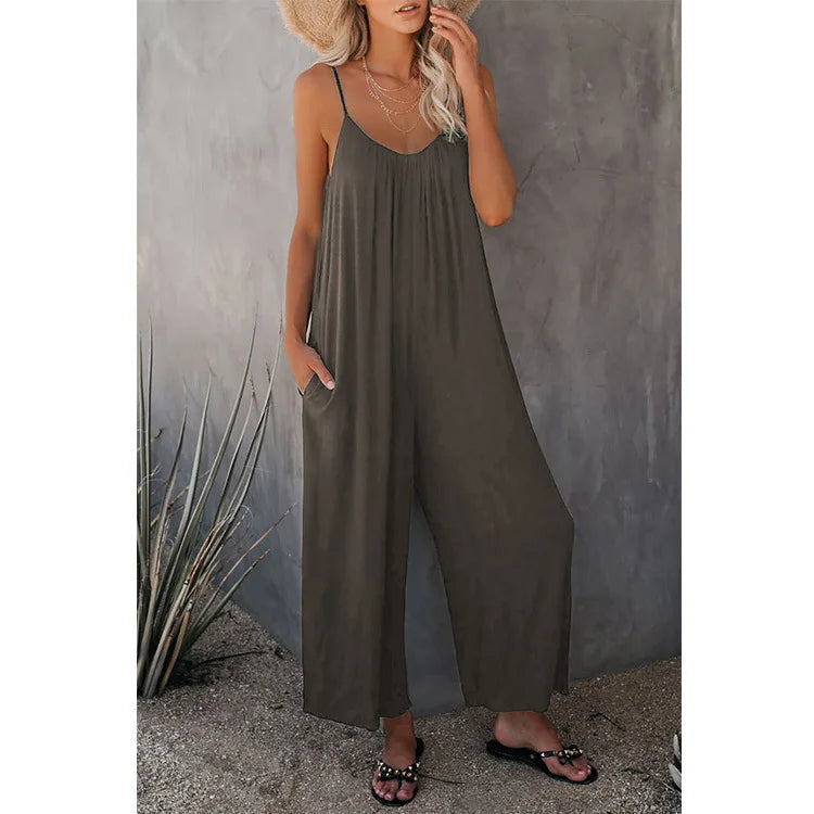 2026 High-Quality Strap Summer New Thick Pure Color Pocket Casual Women's Overall Pants - Matrix Studios