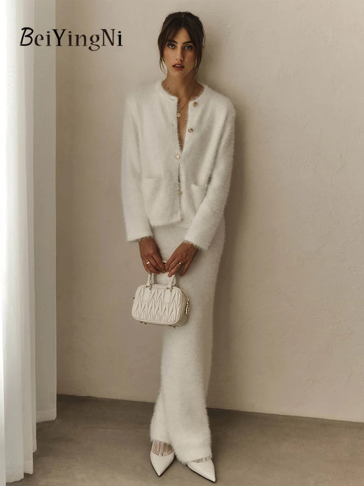 Beiyingni Women Sweater Skirt Suits 2025 Autumn Winter Warm White Maxi Skirts Two Piece Sets for Woman Buttons Tops Matching Set - Matrix-studios.com