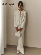 Beiyingni Women Sweater Skirt Suits 2025 Autumn Winter Warm White Maxi Skirts Two Piece Sets for Woman Buttons Tops Matching Set - Matrix-studios.com