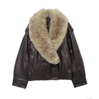 TFMLN 2025 Winter Women Loose Faux Leather Jacket Fashion Removed Big Fur Collar Causal Coat High Street Double Breasted Outwear - Matrix Studios