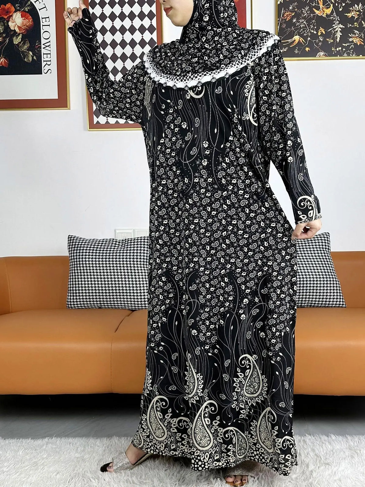 2023 Muslim Solid Cotton Abaya For Women Ramadan Prayer Garment Joint Hat Dubai Turkey Middle East Femme Robe Floral Loose Dress - Matrix-studios.com