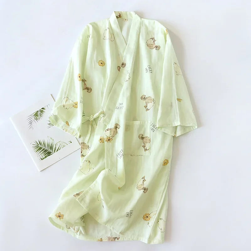 Japanese-style Kimono Pajamas Summer New 100% Cotton Gauze Pajamas Nightgown Ladies SPA Yukata Homewear Long Pajamas Women - Matrix-studios.com