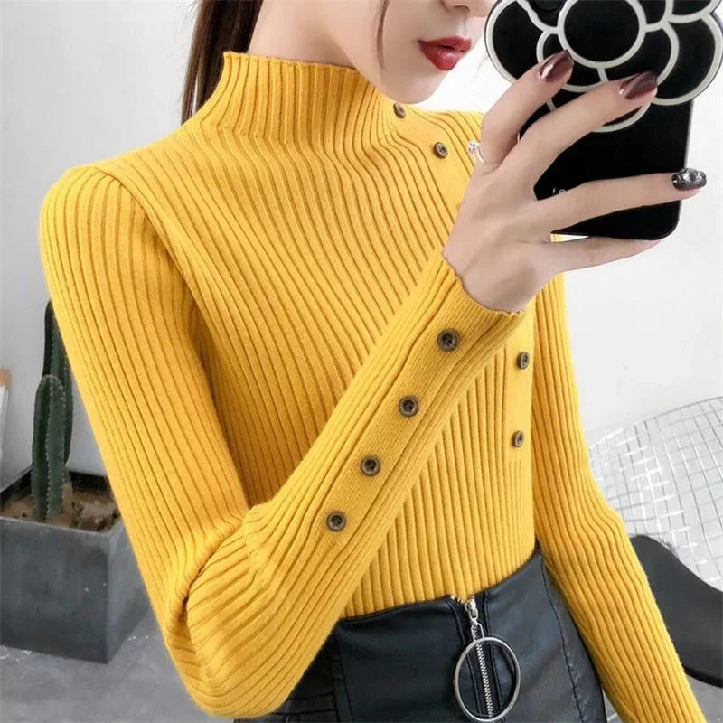 2026 Autumn Knitted Turtleneck Sweaters Women Solid Knitted Female Cotton Soft Elastic Color Slim Pullovers Button Full Sleeve - Matrix Studios