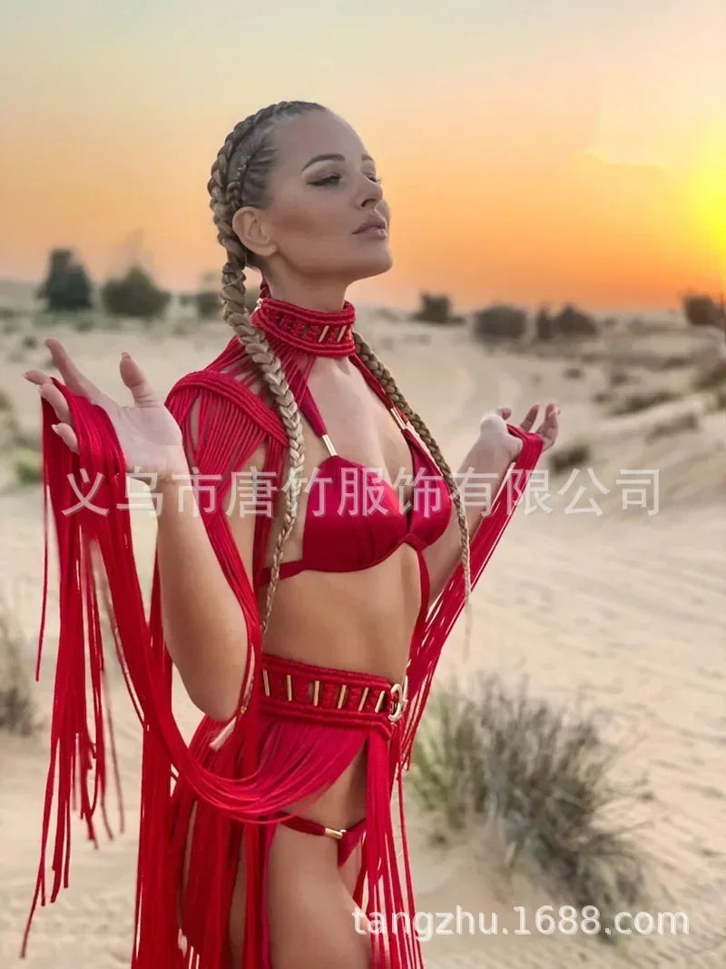 Leosoxs Hand Crochet Knitted Women Bikini Cover Ups Summer Holiday Tassel Beach Bathing Suit Sexy Hollow Out Skirts Matching Set - Matrix Studios