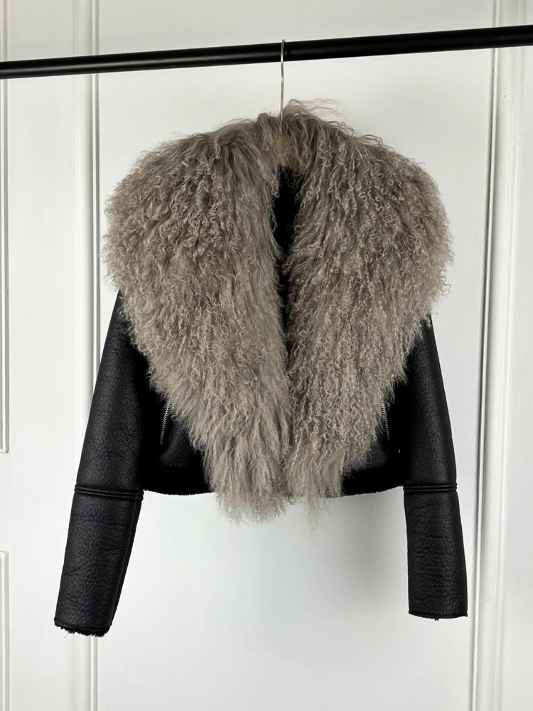 Janveny 2026 Winter Warm Faux Leather Sheepskin Coat Women Large Real Wool Fur Collar Zipper Slim Biker Pu Leather Short Jacket - Matrix Studios
