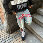Y2K Graffiti Jorts Rhinestone Distressed Printed Denim Shorts Men Women Trend Retro Hip Hop Streetwear Unisex Baggy Short Pants
