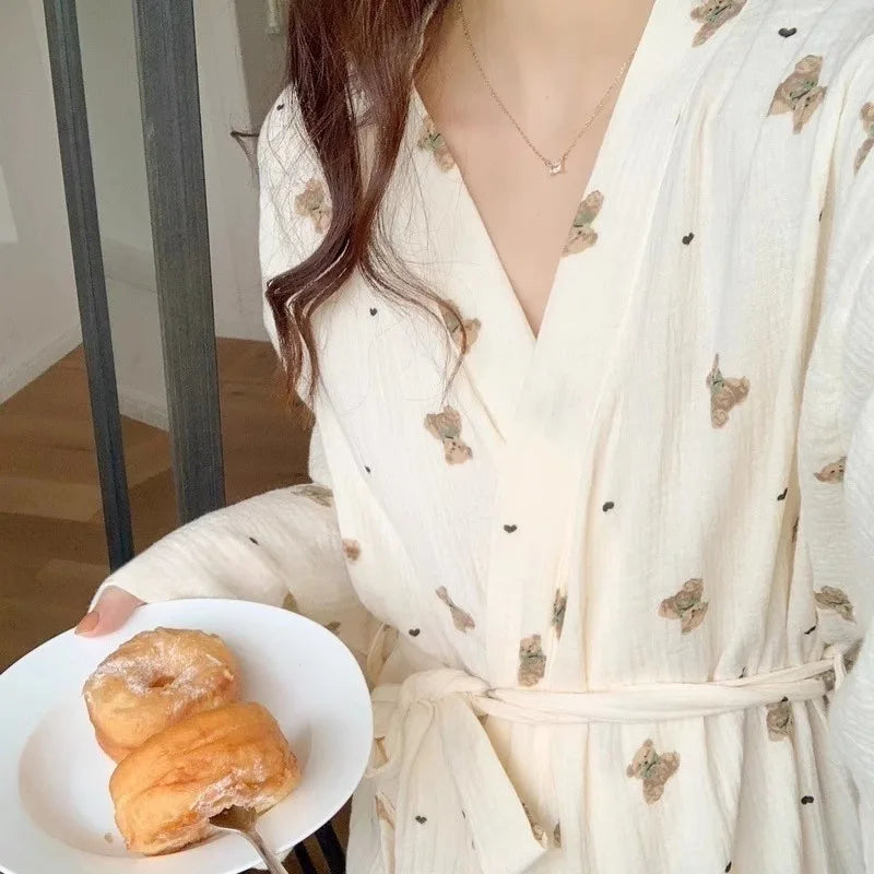 Women Bathing Robe Cartoon Cute Bear Print Bathrobe Nightgown Cardigan Long Sleeve Nightdress Plus Size Loungewear Nightgown Ro - Matrix-studios.com