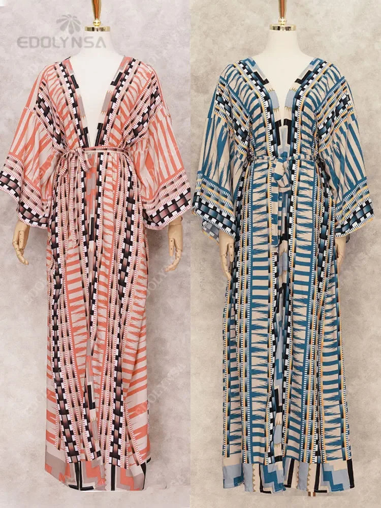 Bohemian Printed Bikini Cover-ups Elegant Self Belted Kimono Dress Tunic Women Plus Size Beach Wear Swim Suit Cover Up Q1228 - Matrix Studios