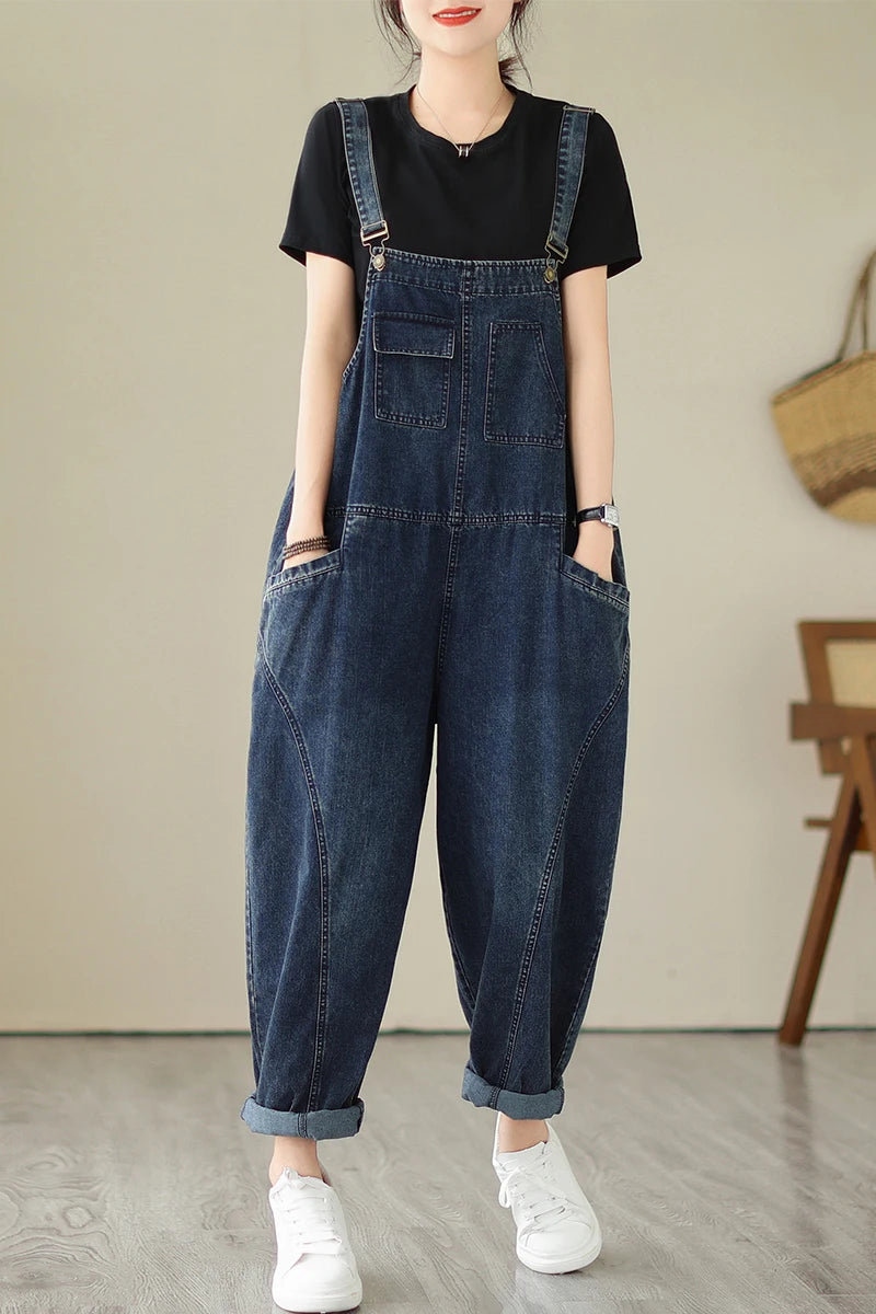 Fall Women's Loose Jeans Overalls Deep Blue High Waist Design Sensation plus Size Faion plus Size Women's Loose Slimming - Matrix-studios.com