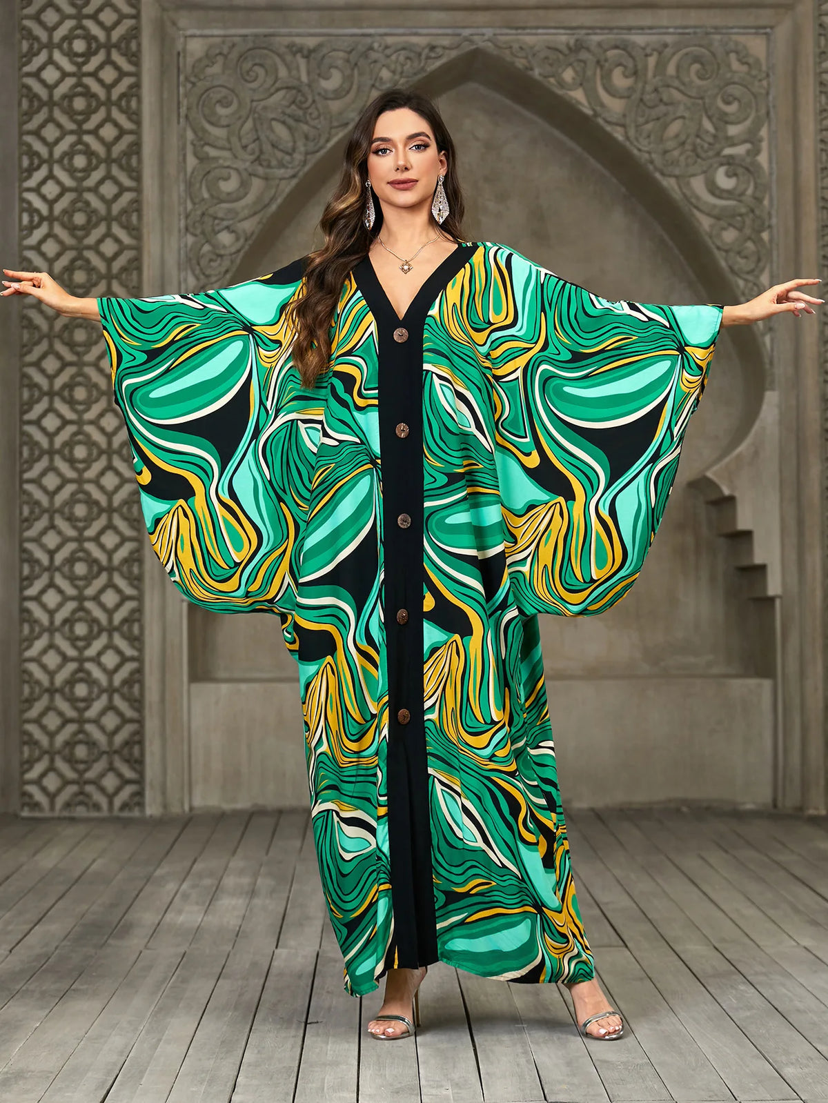 Caftans for Women Plus Size V-Neck Batwing Sleeve Kaftan Dress for Beach Swimwear Cover-Up Loungewear Mumu Dresses - Matrix Studios