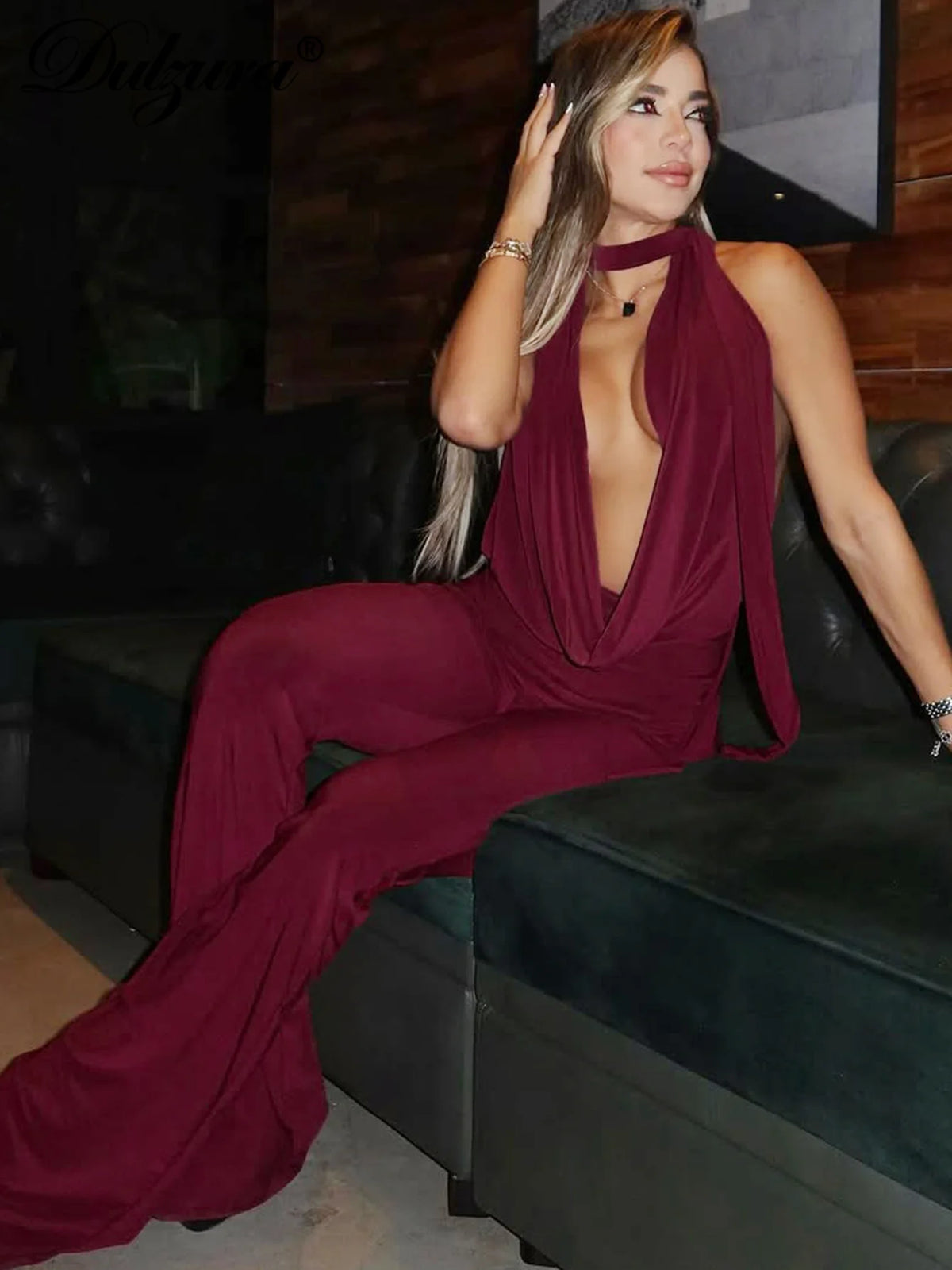 Dulzura Summer Solid Sexy Halter Swinging Collar Backless Slim Lace Up Flared Jumpsuit Women'S Fashion Elegant Party Club Romper - Matrix Studios