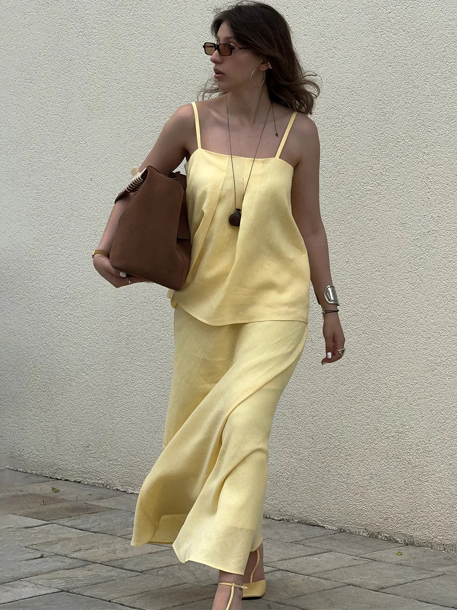 Bornladies 2026 Spring Summer New Cotton Women's Cami Skirt Set Elegant Lazy Cami Mermaid Maxi Skirt Two-Piece Outfit - Matrix-studios.com