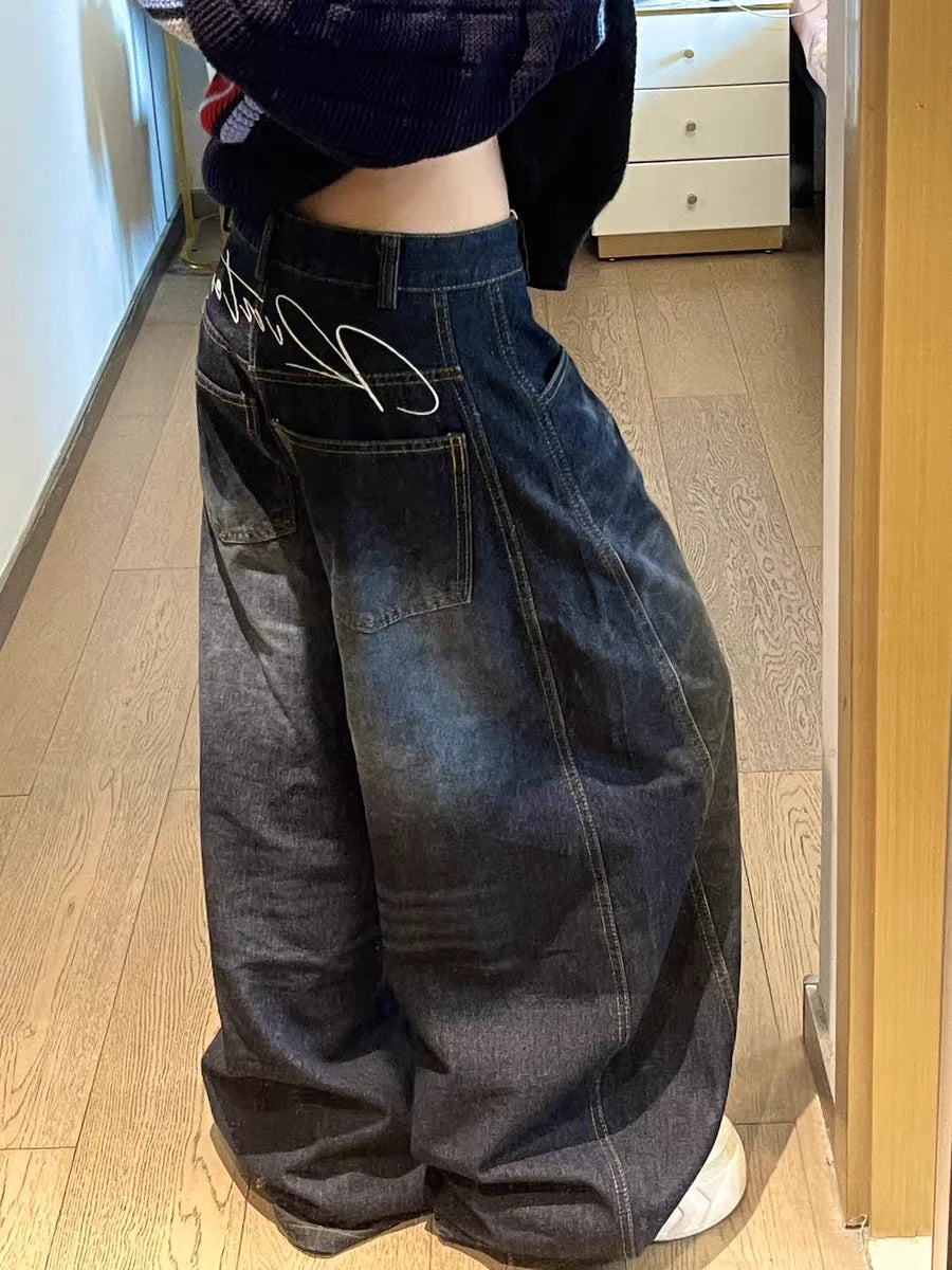 Casual Womens Y2K Loose Baggy Jeans Blue Washed High Street Vintage Cargo Pants Wide Leg Oversized Trousers Y2K Pants - Matrix-studios.com