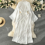 Ultra Long Birde Wedding Robe Dress White Kimono Lady Loose Sleepwear Sexy Big Lace Sleeve Bathrobe Nightwear Rayon Peignoirs - Matrix-studios.com
