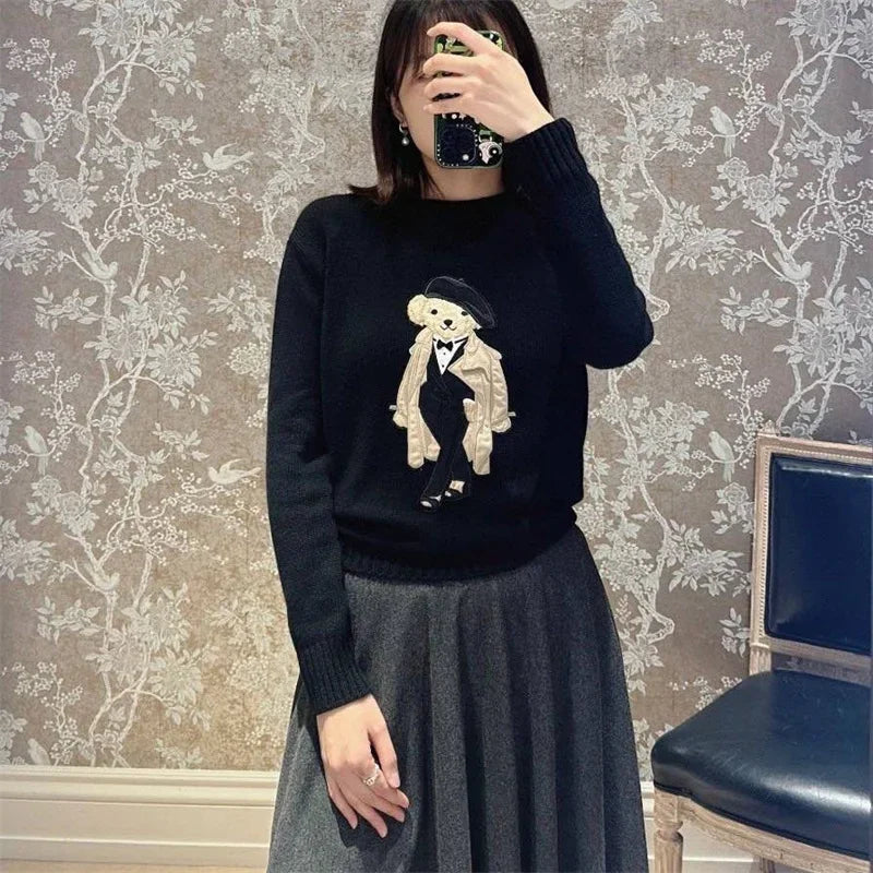 New Autumn Preppy Student Cashmere Sweater Women Cartoon Bear Embroidered O-neck Long Sleeve Pullover Top Casual Knitwear - Matrix Studios