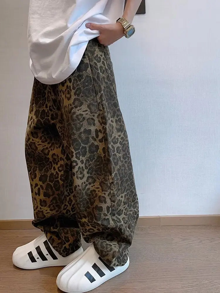 Autumn Tan Leopard Jeans Men Denim Pants Male Oversize Wide Leg Trousers Streetwear Hip Hop Vintage Loose Casual Animal Print - Matrix Studios