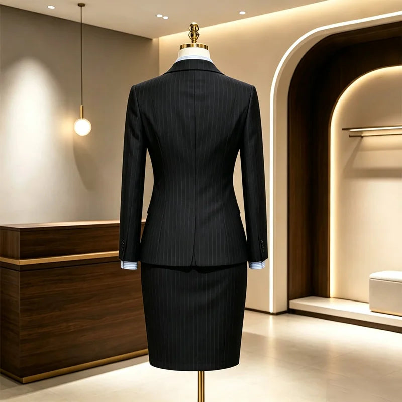 Best-Selling Navy Pinstripe Women Suit Set Wool Anti-Static Stretch Uniform For Office Corporate Business - Matrix-studios.com