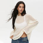Talenza Hollow Knitted Sweater Pullover Women's Solid See-through O-Neck Long Sleeve Knitted T-Shirt Loose Casual Pullover 2026 - Matrix Studios