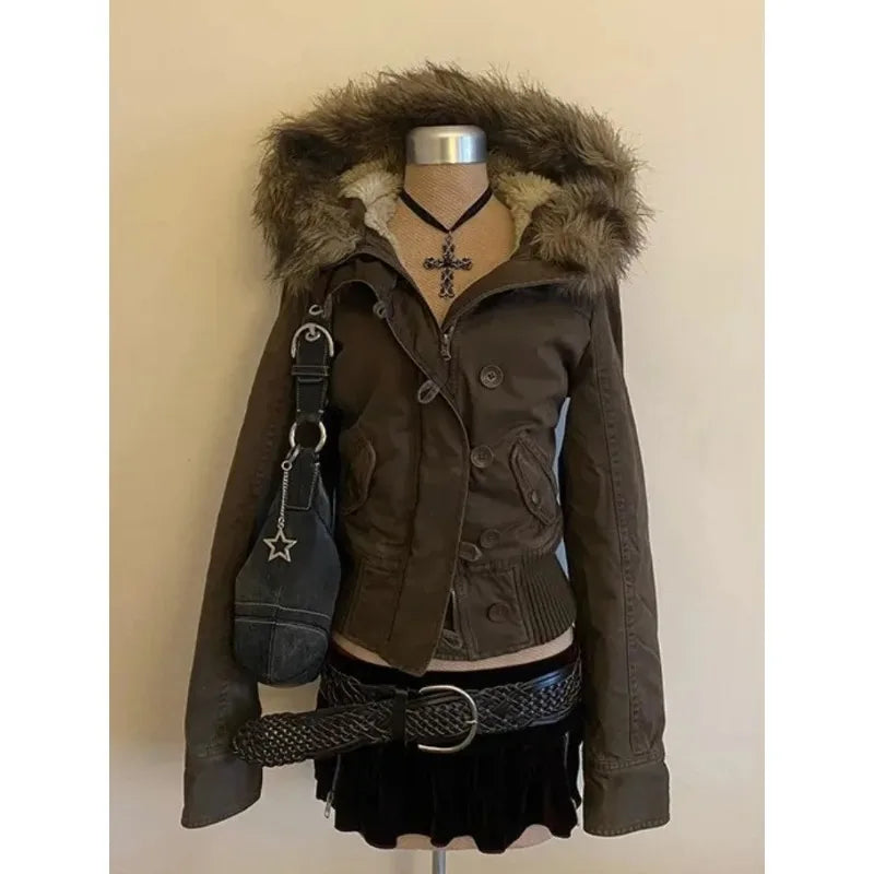 Subculture Gothic Women Coats with Hoodies Vintage Korean Harajuku Black Jackets Faux Fur Coat Female Loose Casual Sweatshirt - Matrix Studios