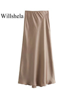 Willshela 2024 Black Satin Skirt Woman High Waist Elegant Long Skirts For Women Fashion Summer Midi Skirt Office Women's Skirts - Matrix-studios.com