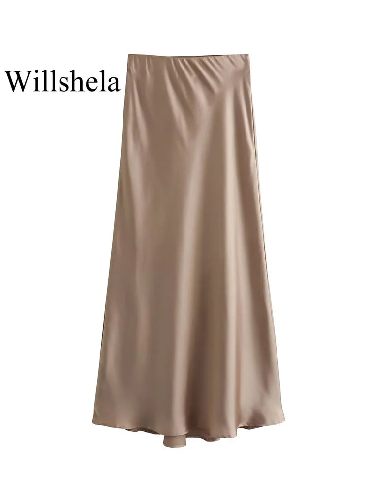 Willshela 2024 Black Satin Skirt Woman High Waist Elegant Long Skirts For Women Fashion Summer Midi Skirt Office Women's Skirts - Matrix-studios.com