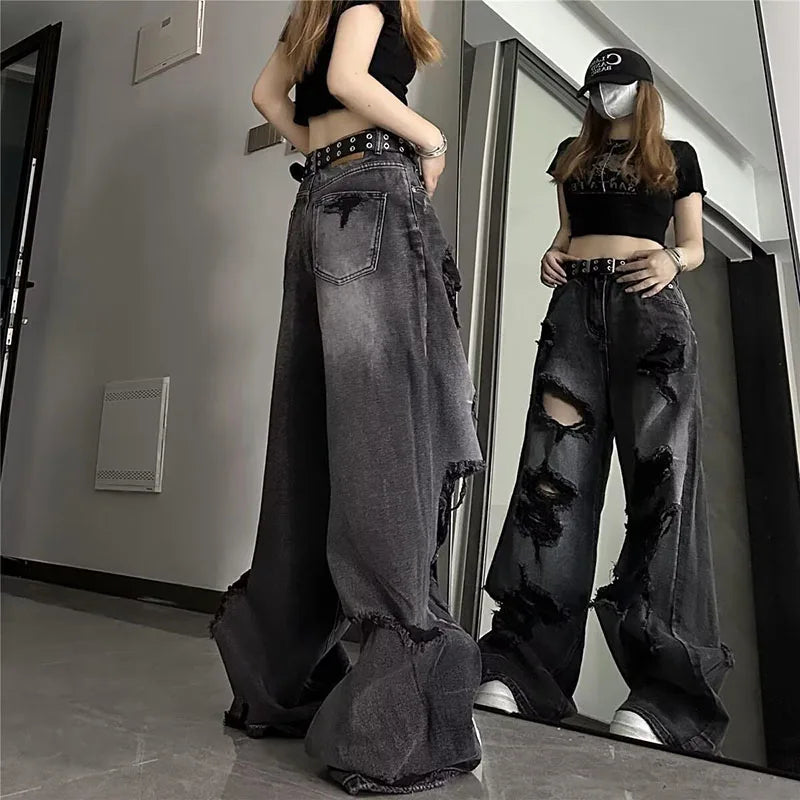 High Street Vintage Black Ripped Jeans Fashion Wide Leg Pants Women'S High Waisted Straight Leg Pants Baggy Pants Y2k Jeans - Matrix-studios.com