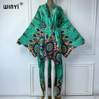 WINYI Summer Beach Wear Cover Up Lady Boho Cardigan Printing Elegant Silky and Skin-Friendly Sexy Holiday Kimono Maxi Dress - Matrix Studios