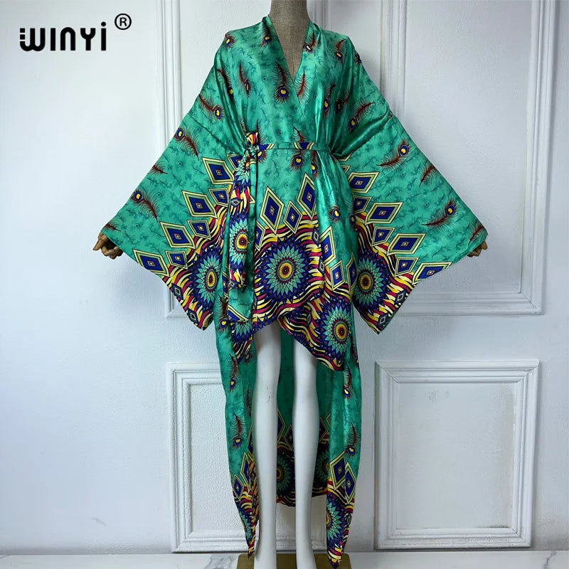 WINYI Summer Beach Wear Cover Up Lady Boho Cardigan Printing Elegant Silky and Skin-Friendly Sexy Holiday Kimono Maxi Dress - Matrix Studios