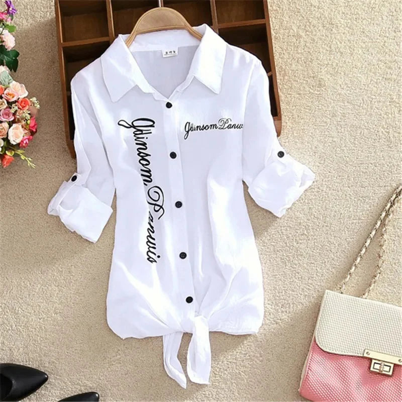 Women Spring Summer Casual Blouses Shirts Lady Long Sleeve Turn-down Collar Bow Tie Decor Loose Basics Shirts Tops - Matrix-studios.com