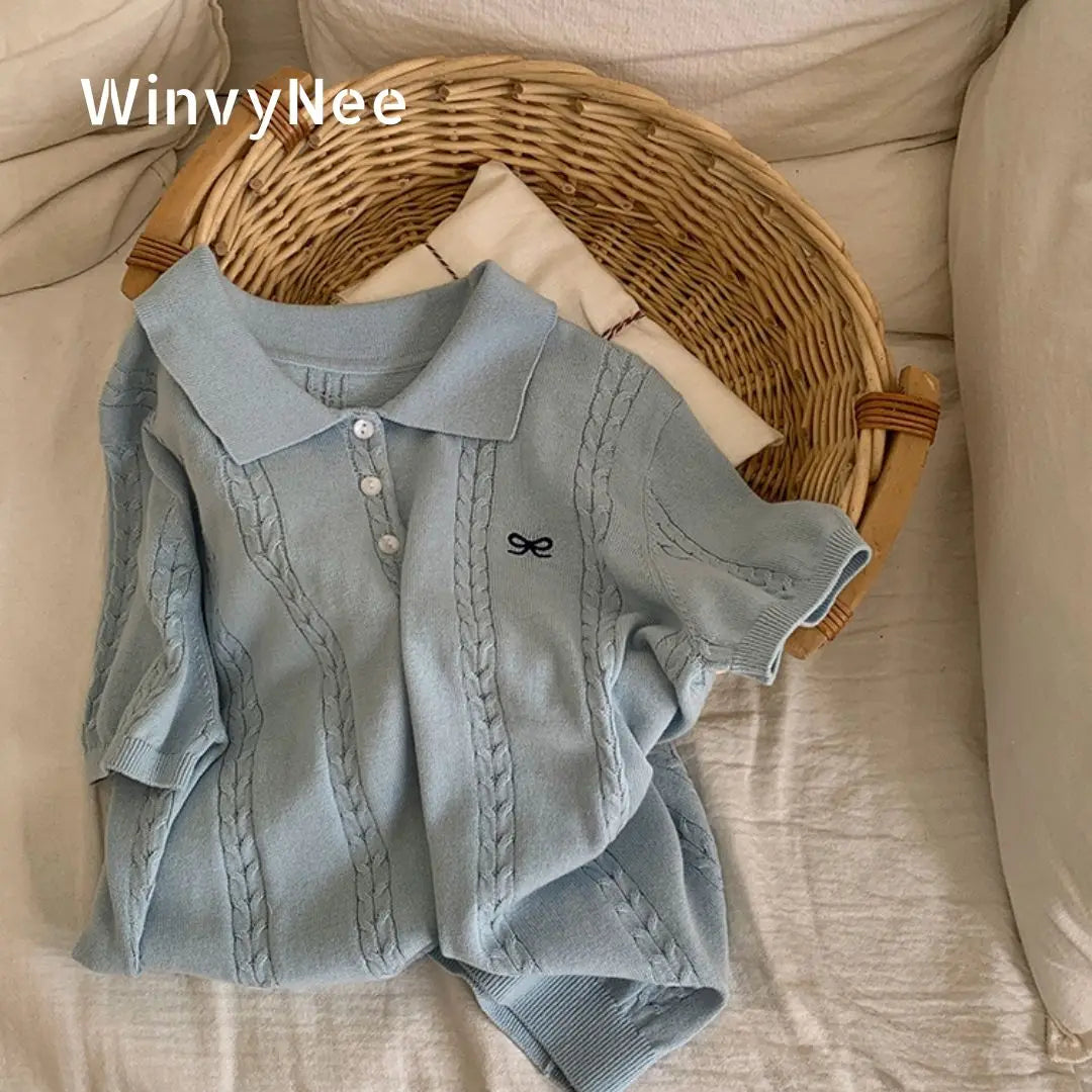 WinvyNee Spring Summer Women's Cotton Sweaters Polo Short Sleeve Clothing Bow T Shirts Casual Outerwears Pullover Tops A1522066 - Matrix-studios.com