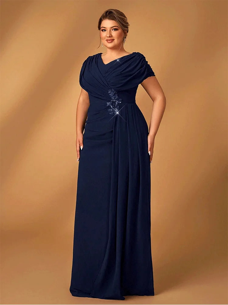 Suhdeuwsh Plus Size Luxury Mom Wedding Reception Party Luxury Shiny Plus Size Chiffon Mother Navy Blue Evening Dress - Matrix-studios.com