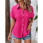 Women Casual Cotton Blouse Vintage Summer Short Sleeve Slim Shirt Elegant Turn Down Collar Solid Tunics Harajuku Streetwear Tops - Matrix-studios.com