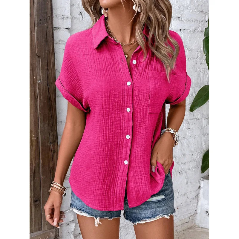 Women Casual Cotton Blouse Vintage Summer Short Sleeve Slim Shirt Elegant Turn Down Collar Solid Tunics Harajuku Streetwear Tops - Matrix-studios.com