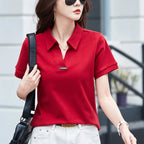 European Station Polo Neck Short sleeved T-shirt Women's Summer New Fashion Light Luxury Loose Large Cotton V-neck Casual Top - Matrix-studios.com