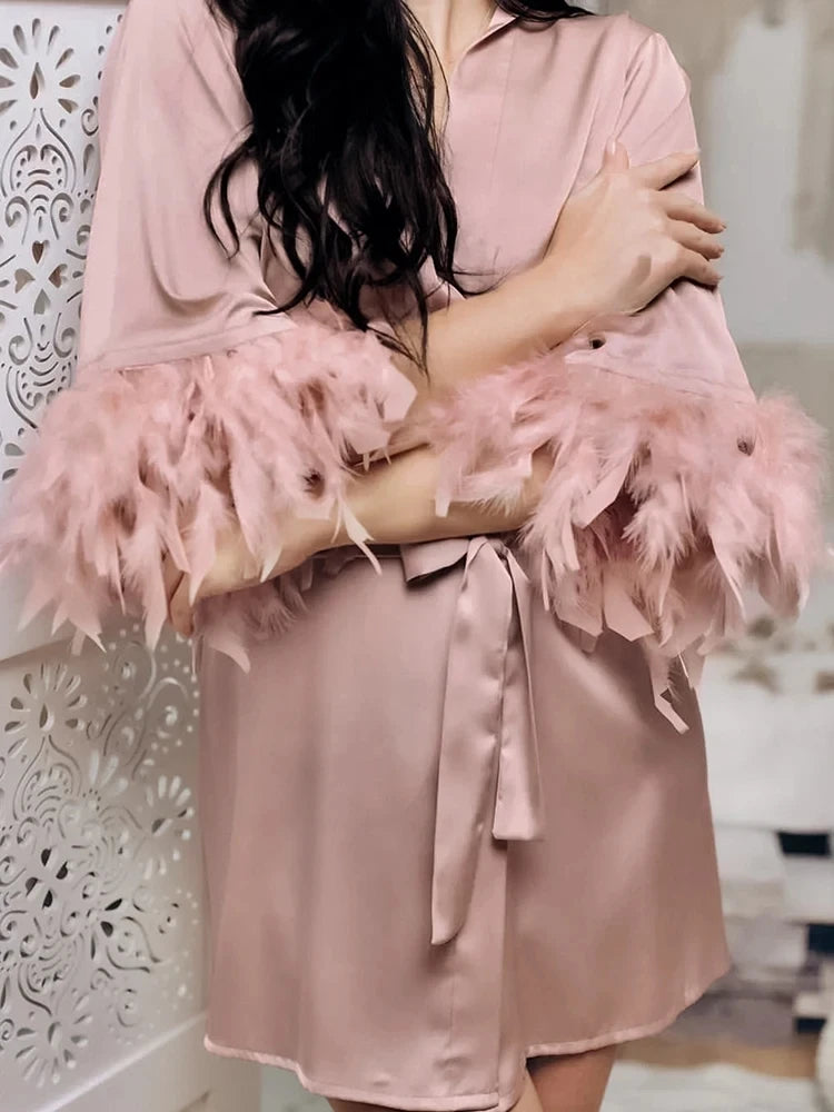 White Feather Robe With Fur Full Sleeves Sleepwear Satin Robes For Women Nightgown Bride Robe Gown Dress Bathrobe Female - Matrix-studios.com