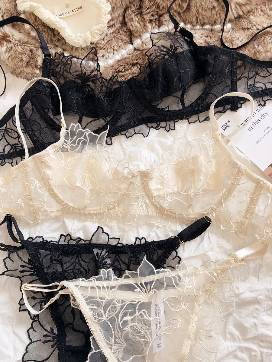 French Underwear Set Sexy Lace Flowers Embroidery Bra Set Women Intimates Summer Ultra Thin Breathable Bralette Lingerie Panties - Matrix-studios.com