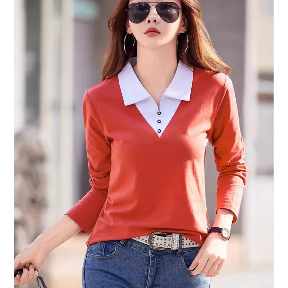 European Station Long sleeved T-shirt Women's Spring/Summer New High end Fashion Contrast Color Polo Neck Slim Fit Casual Top - Matrix-studios.com