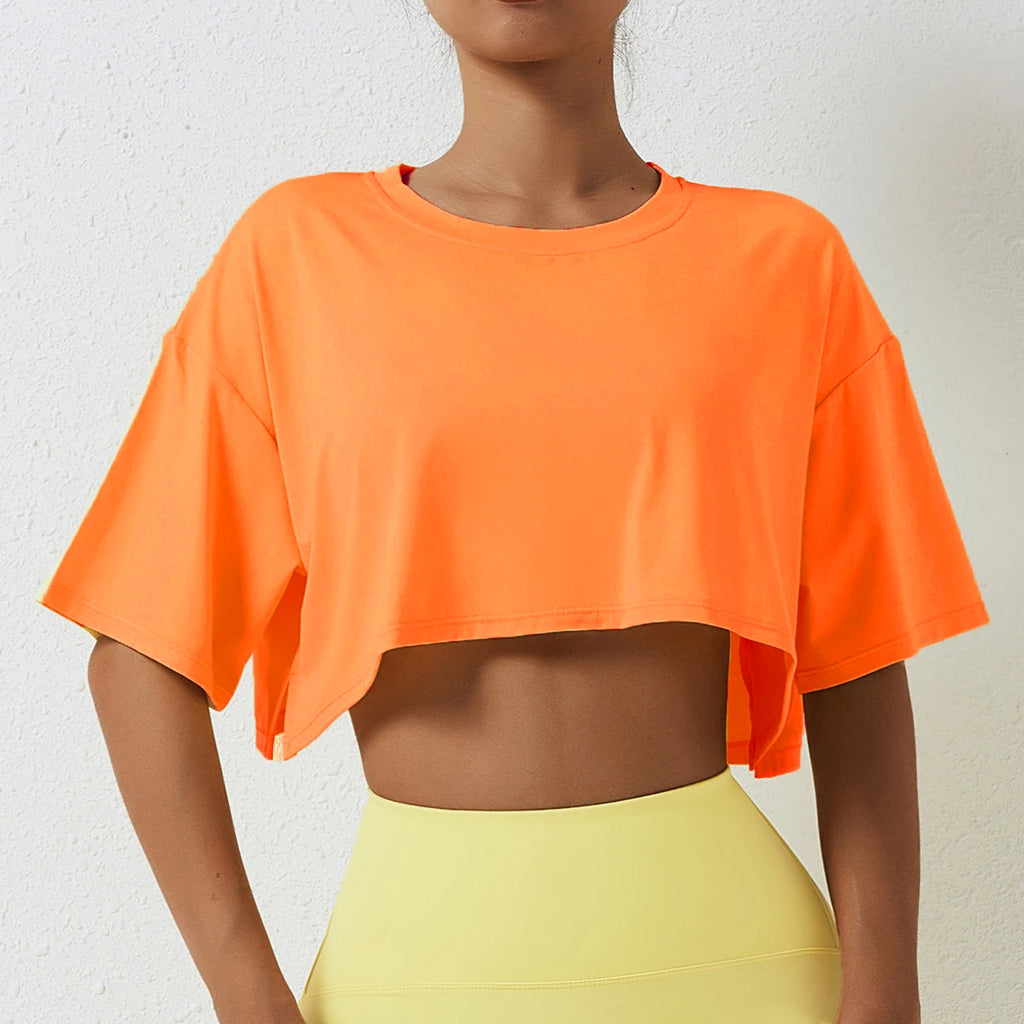 Cotton Women Short Sleeve Dance Running Clothes Yoga Fitness Crop Top  Navel Baring New Sport T-shirt Loose Gym Workout Shirts - Matrix-studios.com