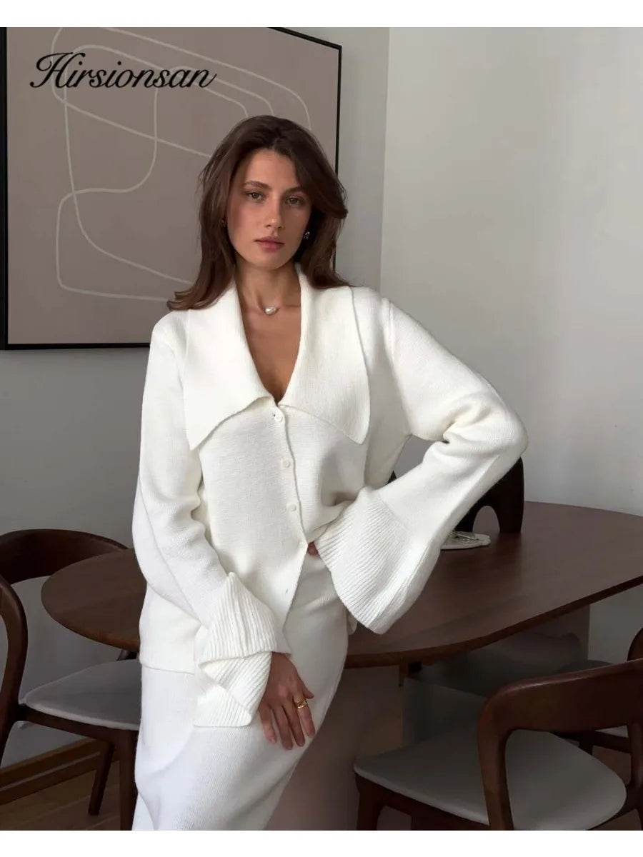 Hirsionsan Sexy Soft Elegant Vintage Women Suits 2 Pieces Female Sets Polo Neck Cardigan Sweater & Midi Dress Knitted TrackSuit - Matrix-studios.com