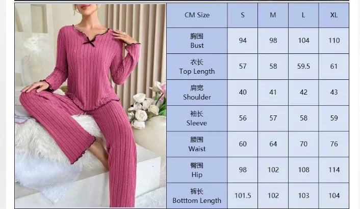 Women Autumn Winter Sleepwear Ribbed Pajamas Set Long Sleeve Top and Long Pants 2 Piece Set Casual Homewear Loungewear - Matrix-studios.com