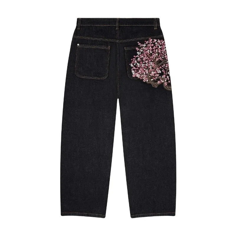 Y2K Harajuku jeans Goth vintage plum blossom embroidery pattern wide leg pants men women denim fabric American style street wear - Matrix Studios