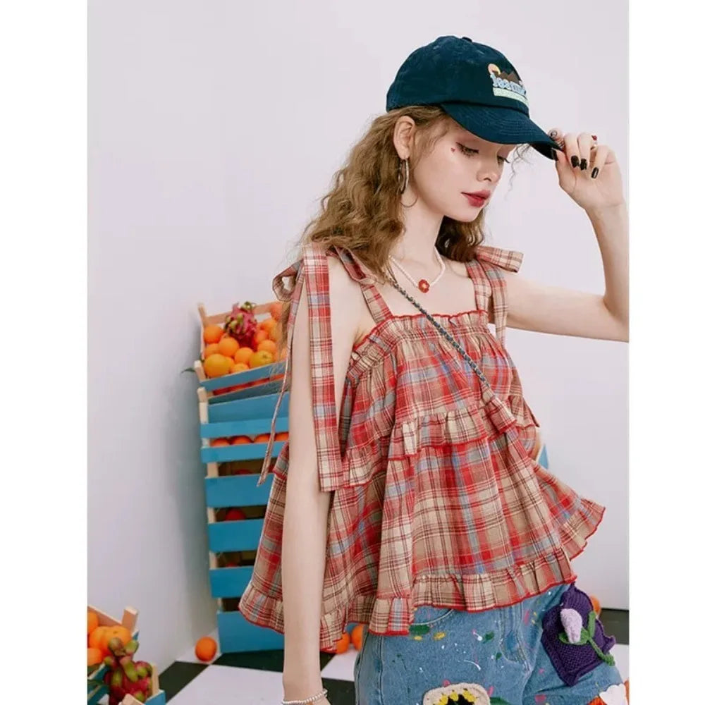 Y2K Hot Women Summer Acubi Japan Vintage Gyaru Tanks & Camis Lace Up Green Crop Top Plaid Strap Sleeveless Tank Tops Clothes - Matrix-studios.com
