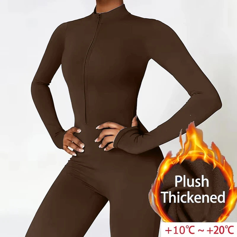 Warm Plush Sports Jumpsuits Women's Tracksuit One-Piece Fitness Suit Winter Gym Sets Long Sleeves Black Exercise Bodysuit Woman - Matrix Studios