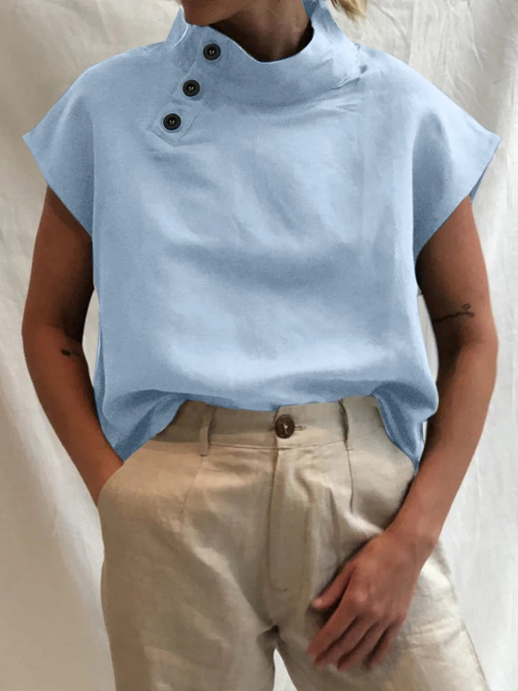 ZANZEA Fashion Women Blouses 2024 Summer Cotton Linen Blusas Mujer Stylish White Shirt Elegant Short Sleeve Tunics Lightweight - Matrix-studios.com