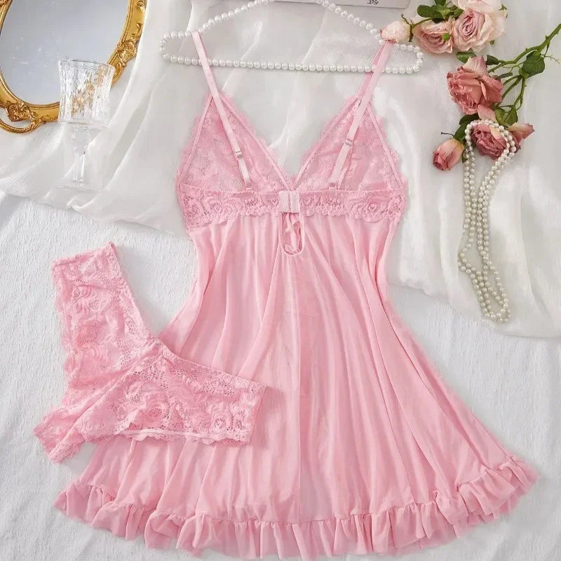 Sexy Lingerie Set Women Erotic Bra Nightdress Sexy Lace Sleepwear Solid Slim Soft Dresses V Neck Full Slip Sleepwear & Dresses - Matrix-studios.com